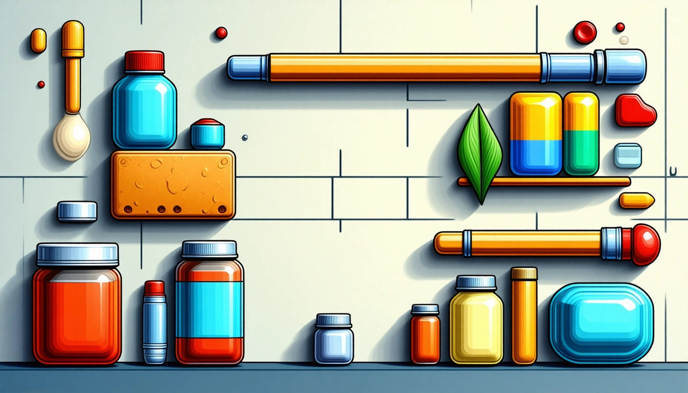 Colorful jars, bottles, and containers on shelves against a tiled wall, with a green leaf and geometric shapes scattered around