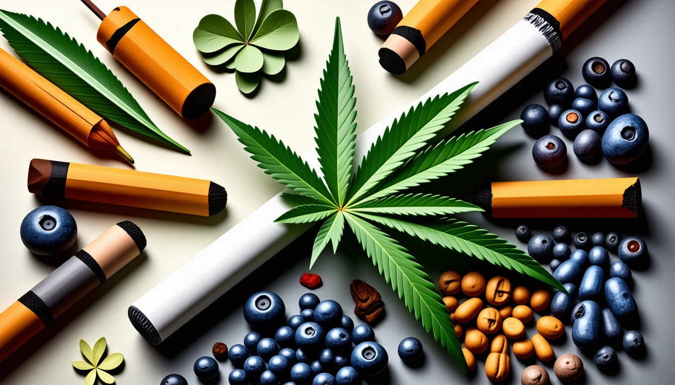 Green leaf at center, surrounded by blueberries, orange vape pens, and green leaves on a gradient background
