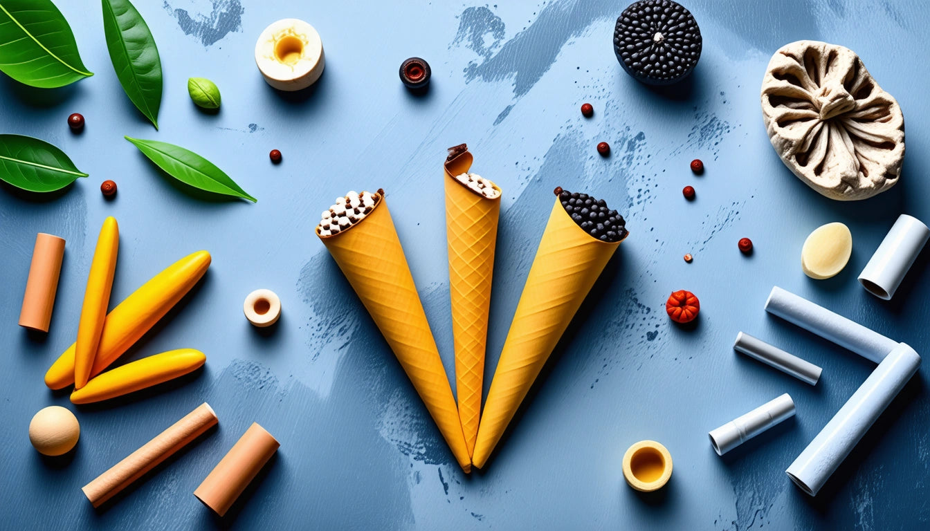 Three ice cream cones with toppings surrounded by assorted leaves, fruits, and decorative objects on a textured blue surface