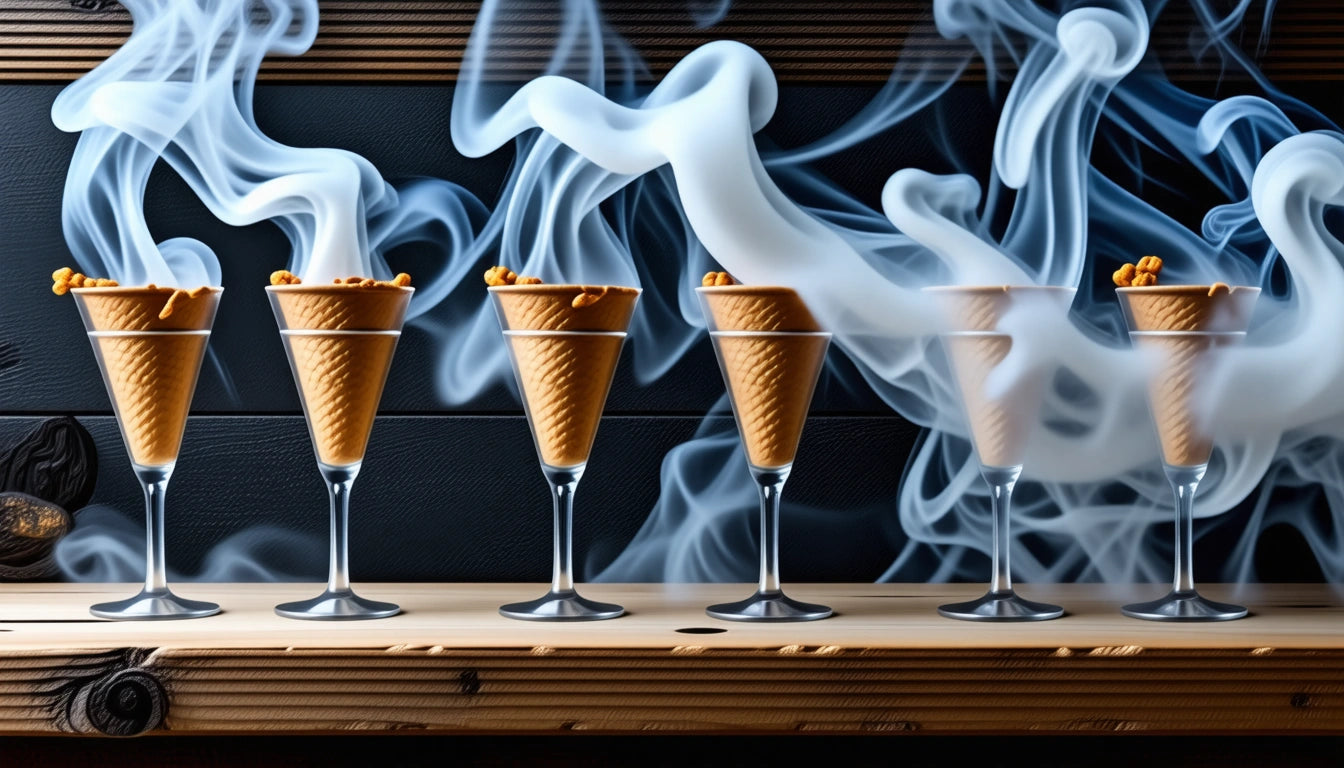 Six waffle cones in glasses on a wooden surface, surrounded by swirling white smoke against a dark background