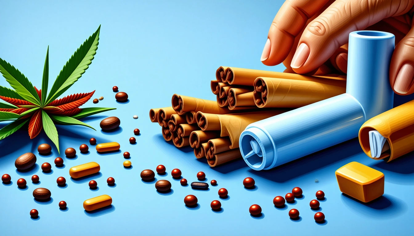 Hand reaching for rolled cigars, colorful pills, and capsules scattered on blue surface, with a green leaf nearby