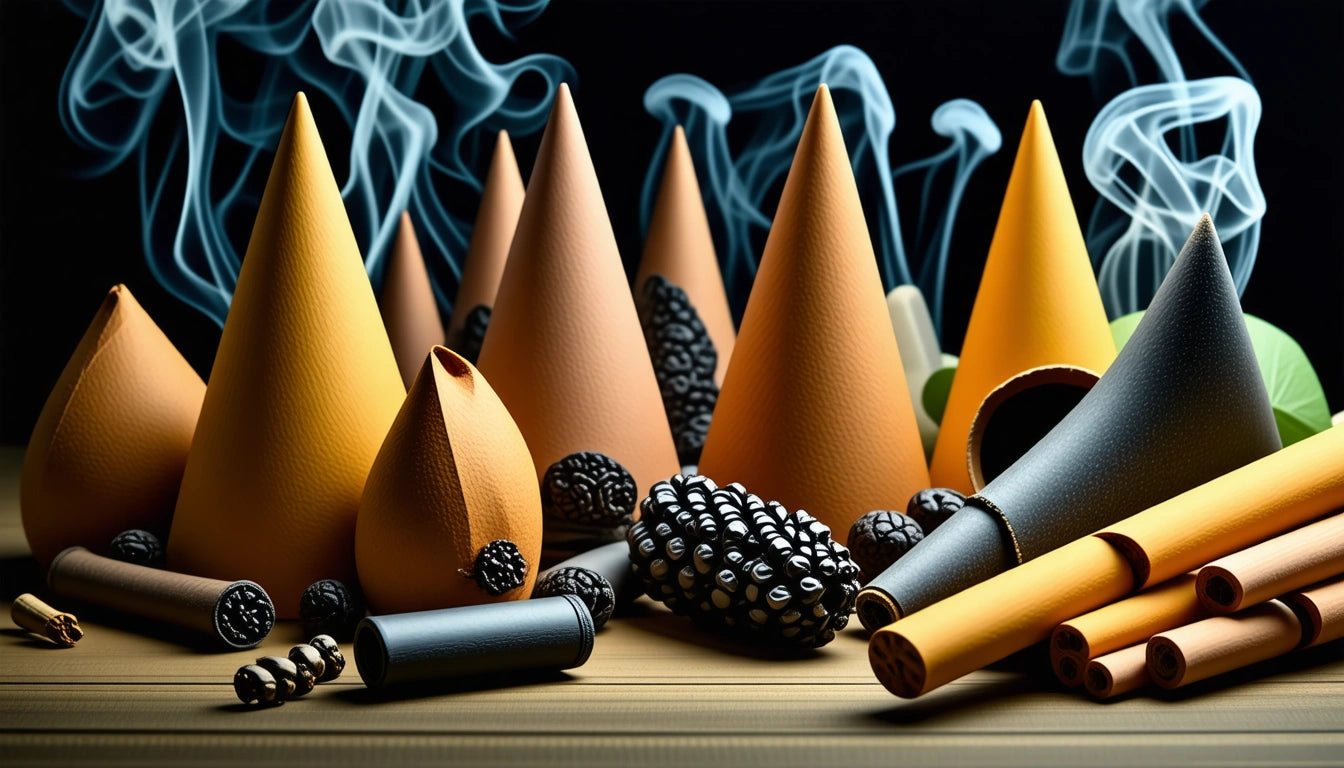 Tall, colorful cones with smoke, surrounded by blackberries and rolled sticks on a wooden surface