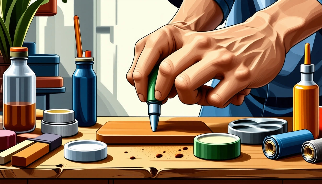 Hands carving wood with a green tool on a table, surrounded by paint jars, brushes, and wood shavings