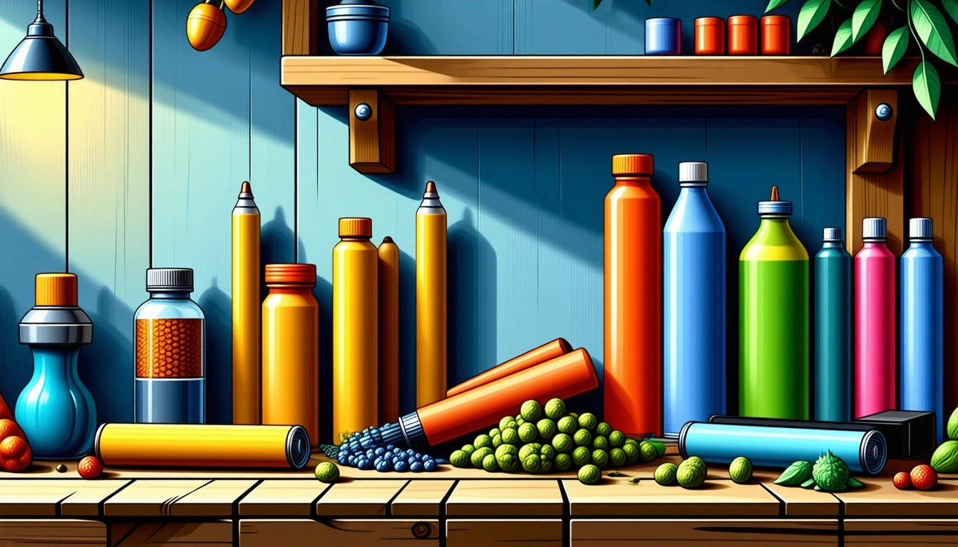 Colorful bottles and tubes on wooden shelves and table, with scattered blueberries and green grapes, under bright lighting