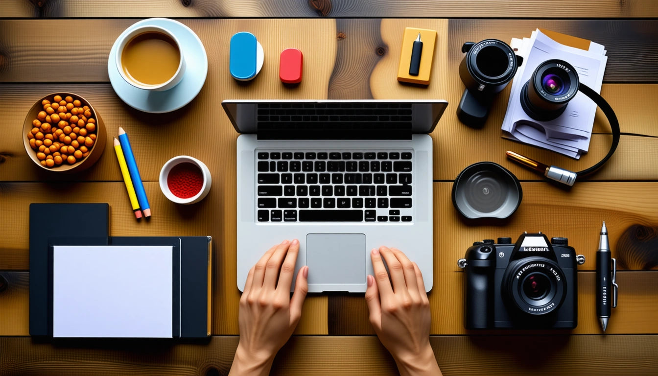 Hands typing on a laptop surrounded by a camera, lens, coffee cup, notepads, pens, and colorful objects on a wooden table