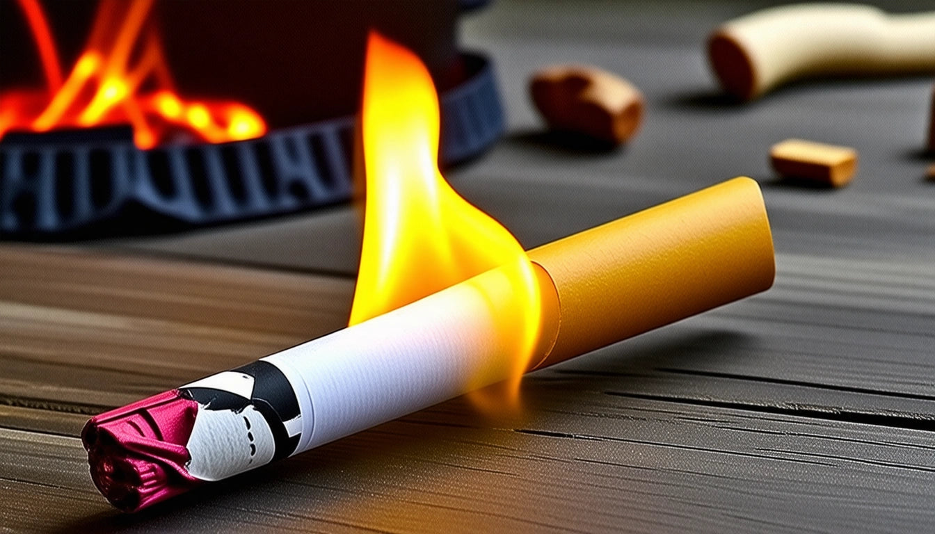 Lit cigarette with yellow filter and flame, resting on wooden surface, blurred fire and scattered objects in background
