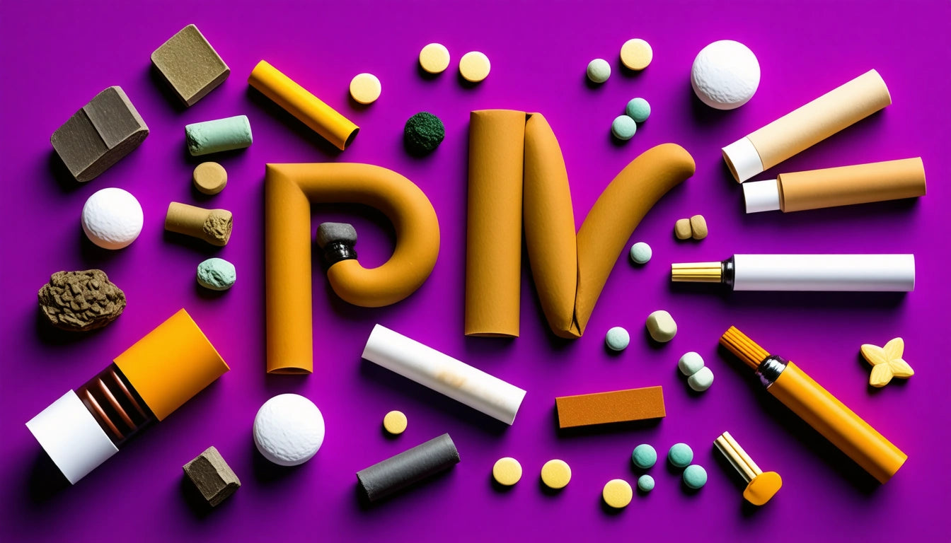 Yellow foam letters and assorted colorful objects scattered on a purple background