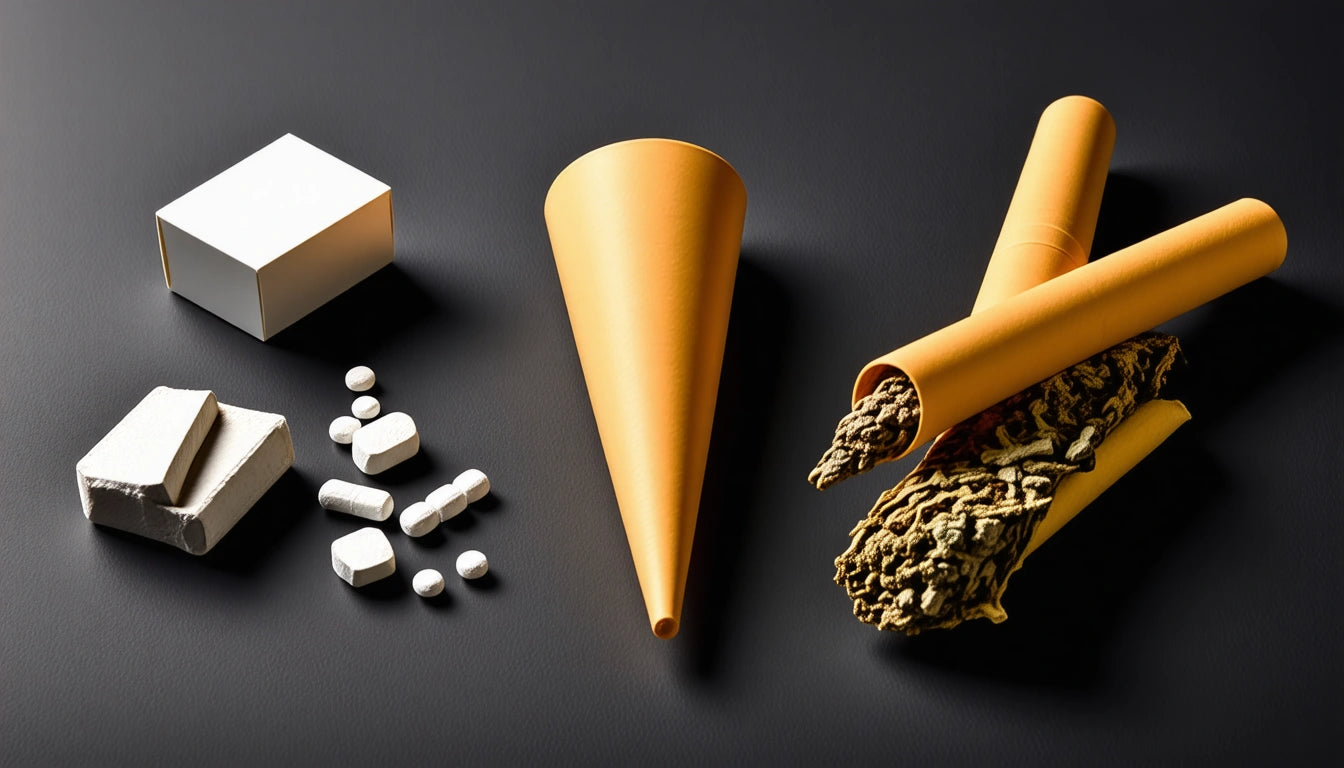 White box, scattered pills, and two orange cones on dark surface, one cone filled with dried leaves
