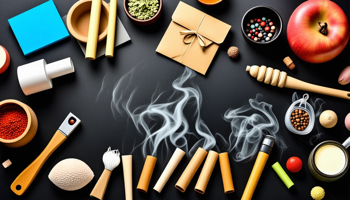 Assorted spices, honey dipper, apple, smoking incense sticks, and small bowls on a black surface