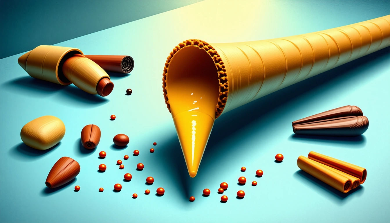 Large, hollow, yellow cone on blue surface surrounded by various small, cylindrical objects and scattered orange beads
