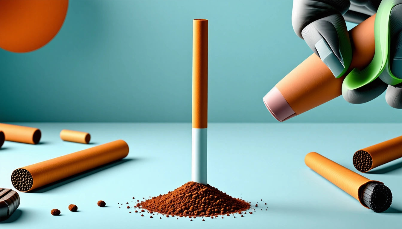 Orange and white cylinder standing on cocoa powder mound, surrounded by similar cylinders on a light blue surface