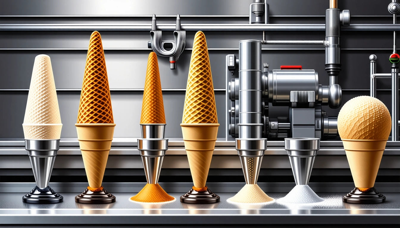 Seven ice cream cones in metal holders, each with a different texture, in front of industrial machinery with pipes and levers