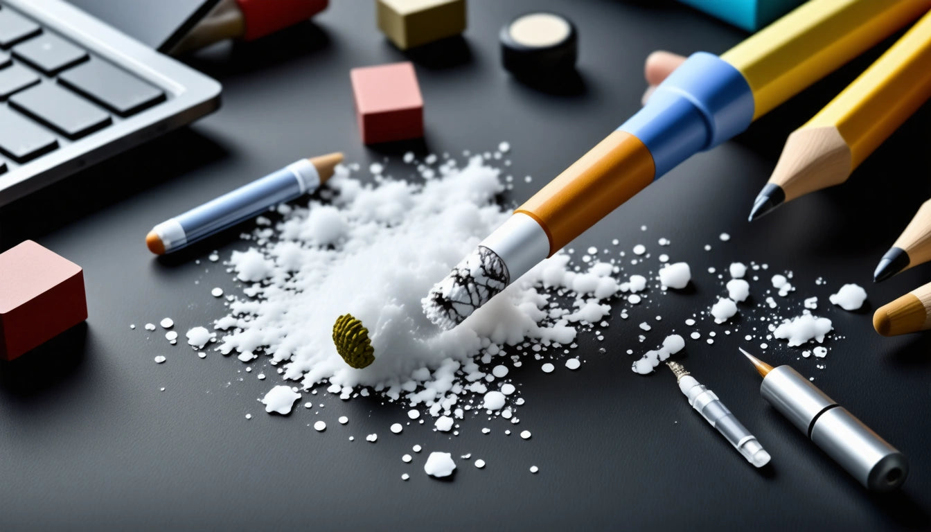 Pencils and erasers scattered on a black surface with white eraser shavings, next to a keyboard and colorful blocks