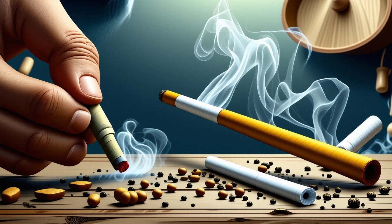 Hand holding a lit cigarette, smoke rising. Unlit cigarettes and scattered seeds on a wooden surface, blue-green background