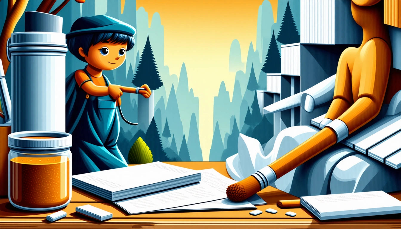 Child in blue overalls holds a rope near a large paintbrush and open books, with stylized trees and mountains in the background