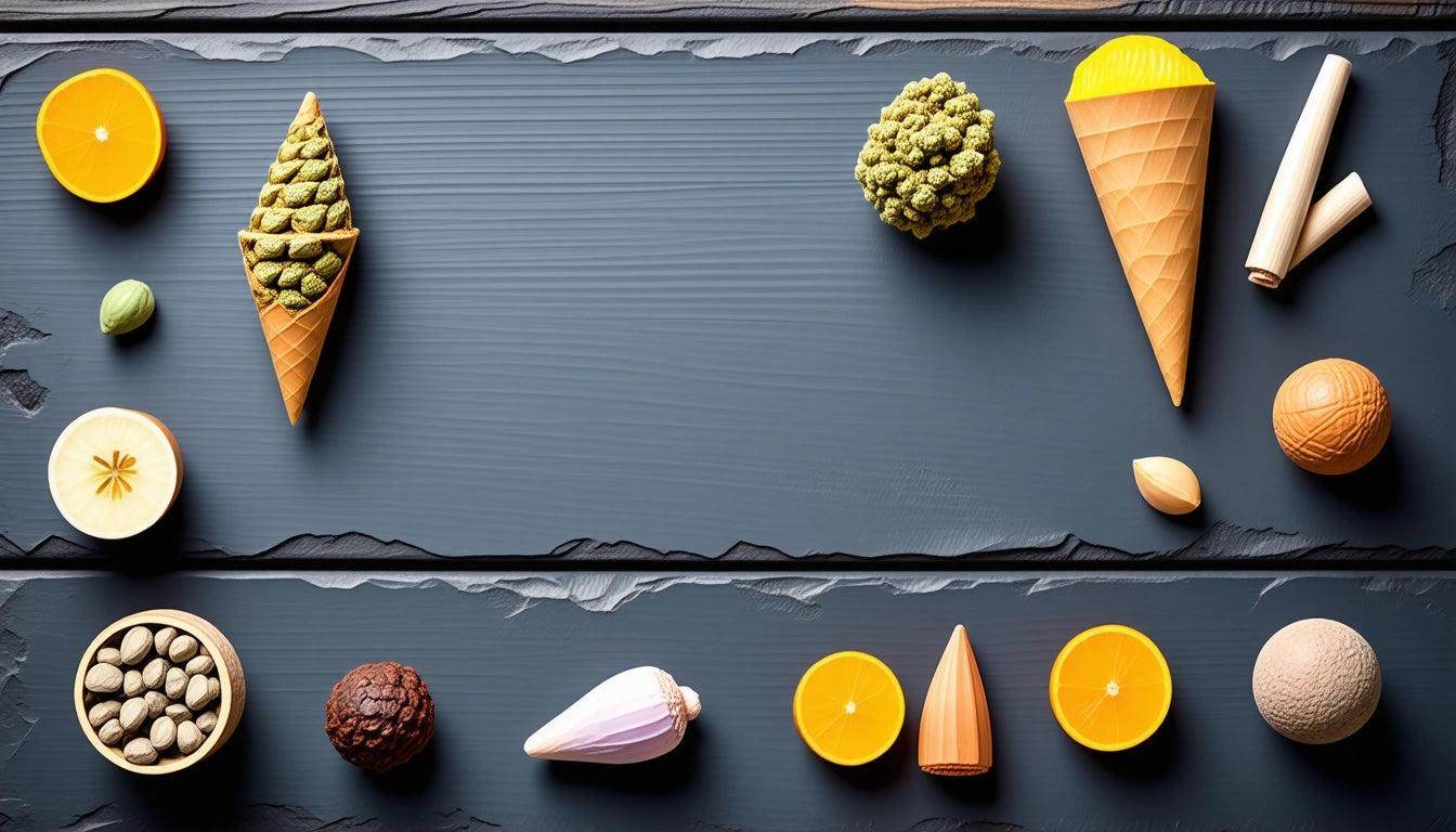 Assorted cones, citrus halves, nuts, and textured spheres on a dark slate surface
