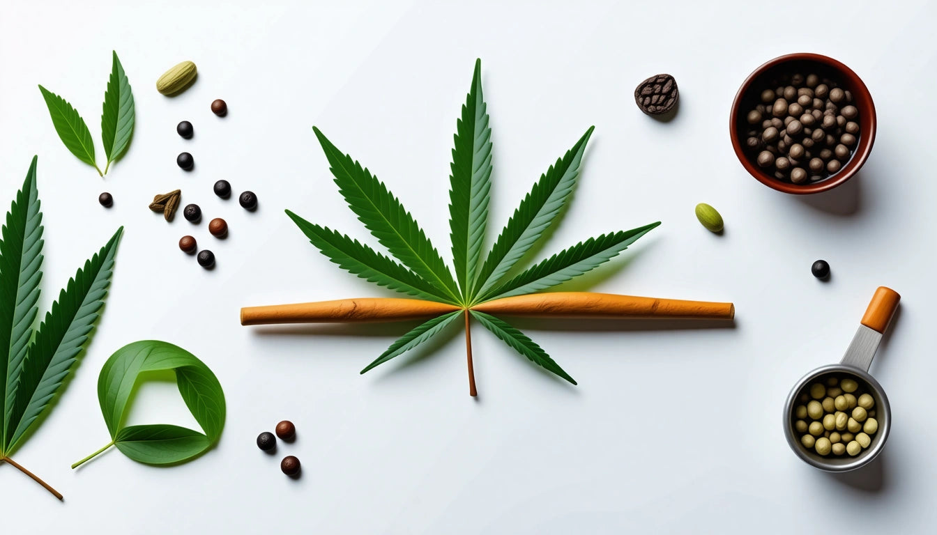 Green leaf with wooden stick, surrounded by seeds, nuts, and leaves on white background