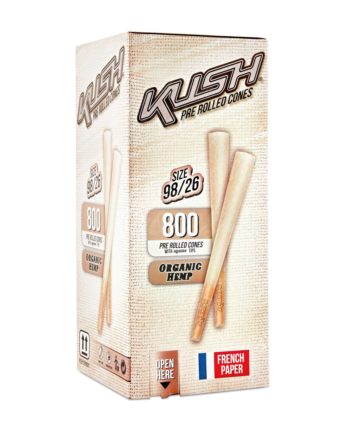 Kush 98mm Special Size Organic Hemp Pre Rolled Cones w/ Filter Tip 800/Box - 1