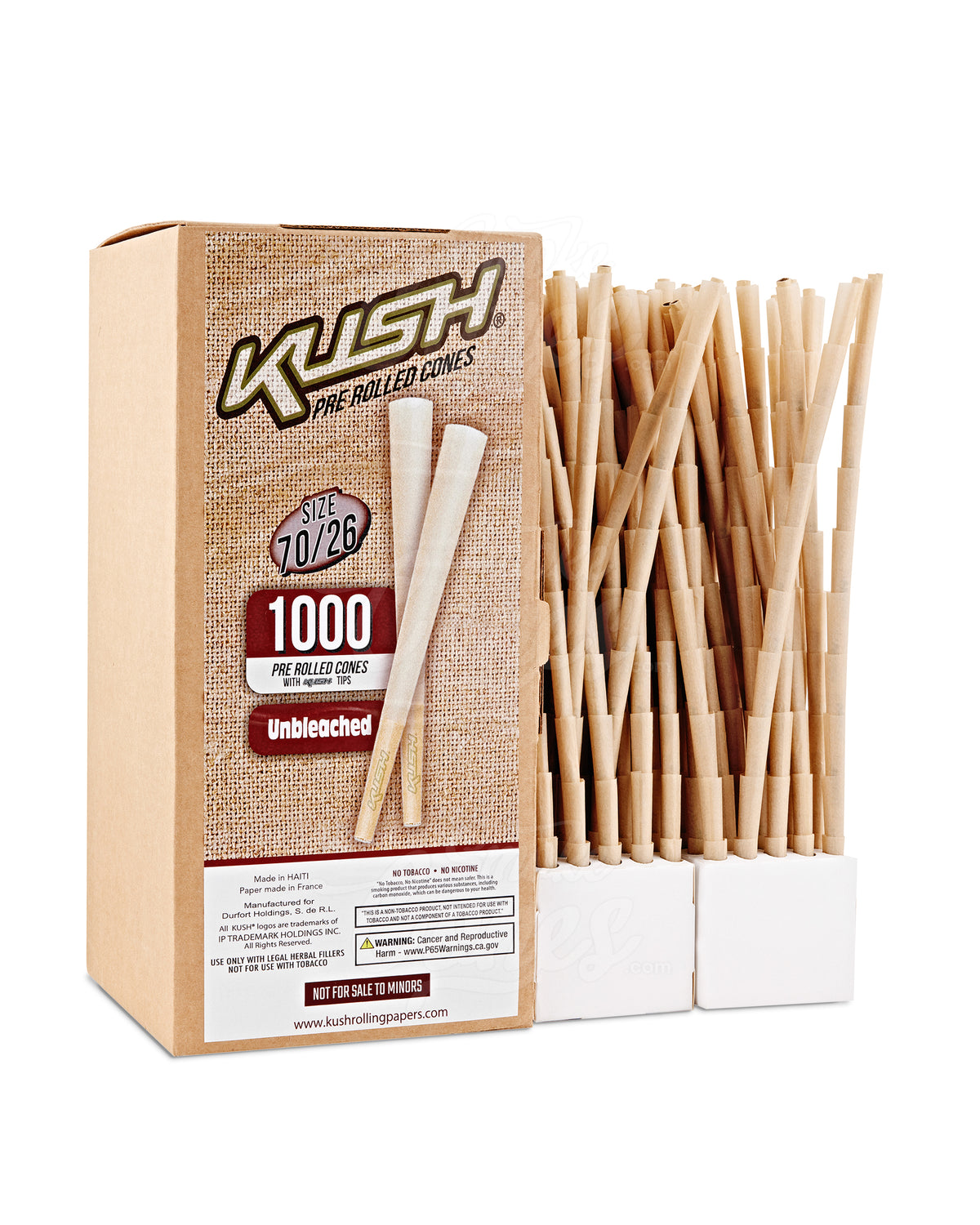 Kush 70mm Dogwalker Size Unbleached Brown Pre Rolled Cones w/ Filter Tip 1000/Box