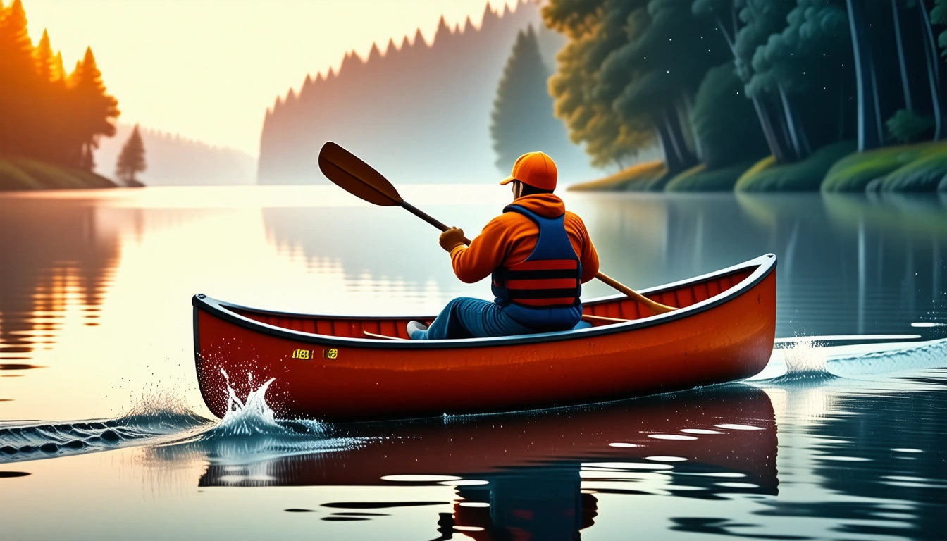 Person in orange jacket and cap paddling a red canoe on a calm lake surrounded by trees, with soft sunlight in the background