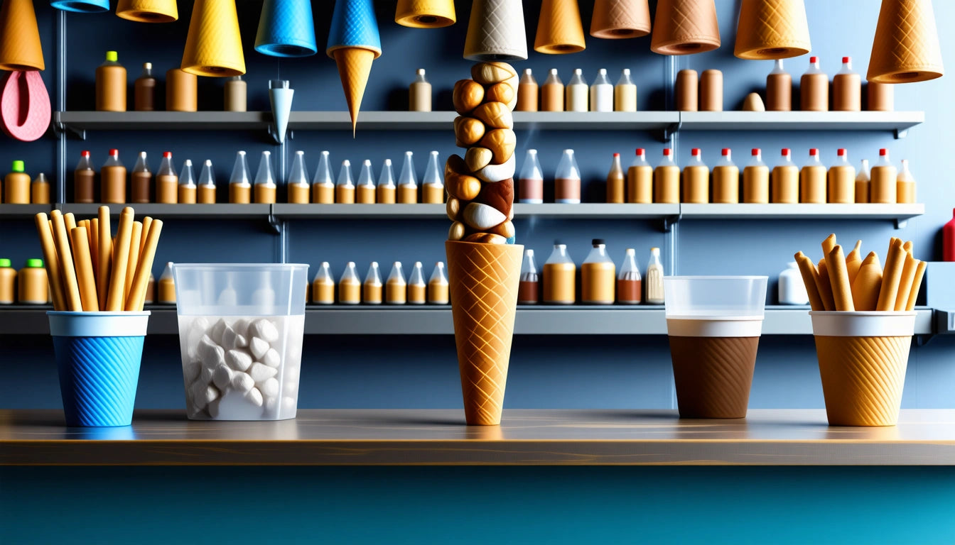 Waffle cone filled with scoops of ice cream, surrounded by cups of coffee, marshmallows, and breadsticks on a counter