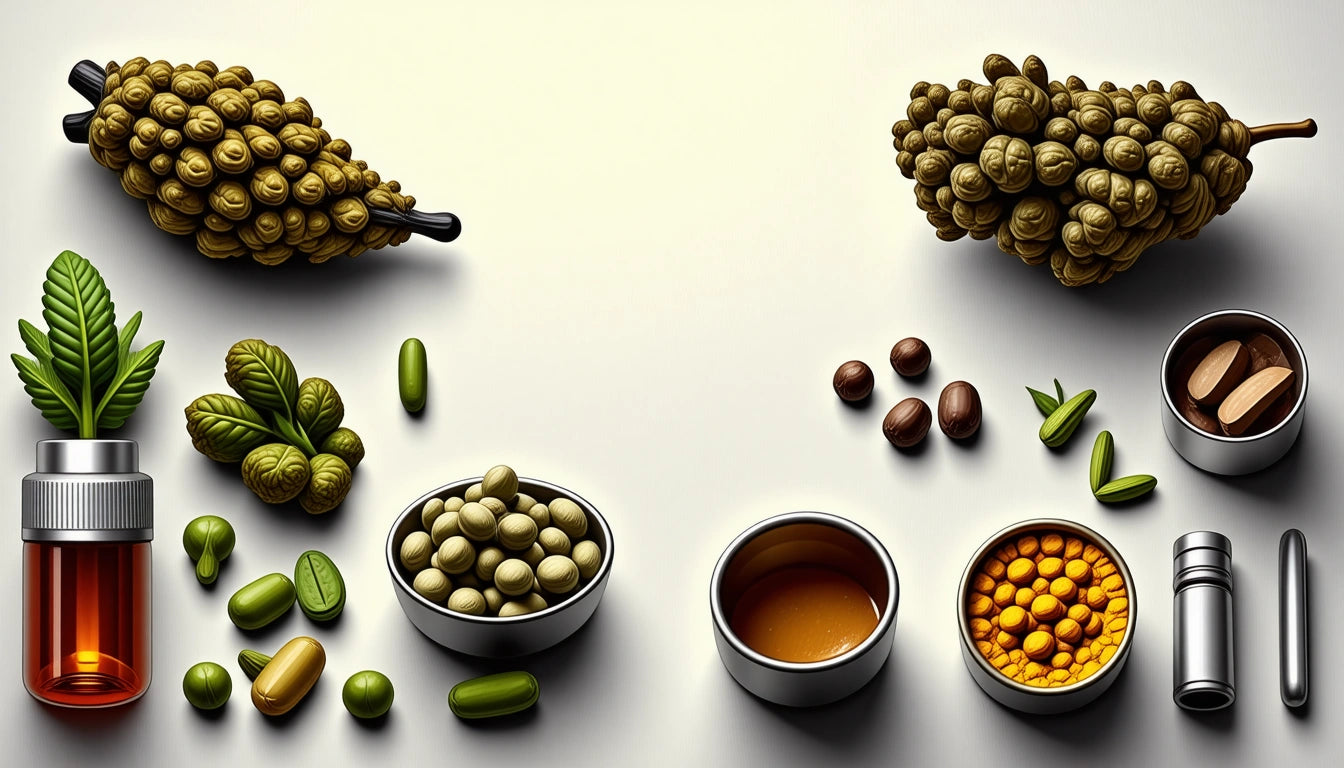 Clusters of green capsules, bowls of beans, honey, yellow tablets, and a bottle with leaves on a white surface