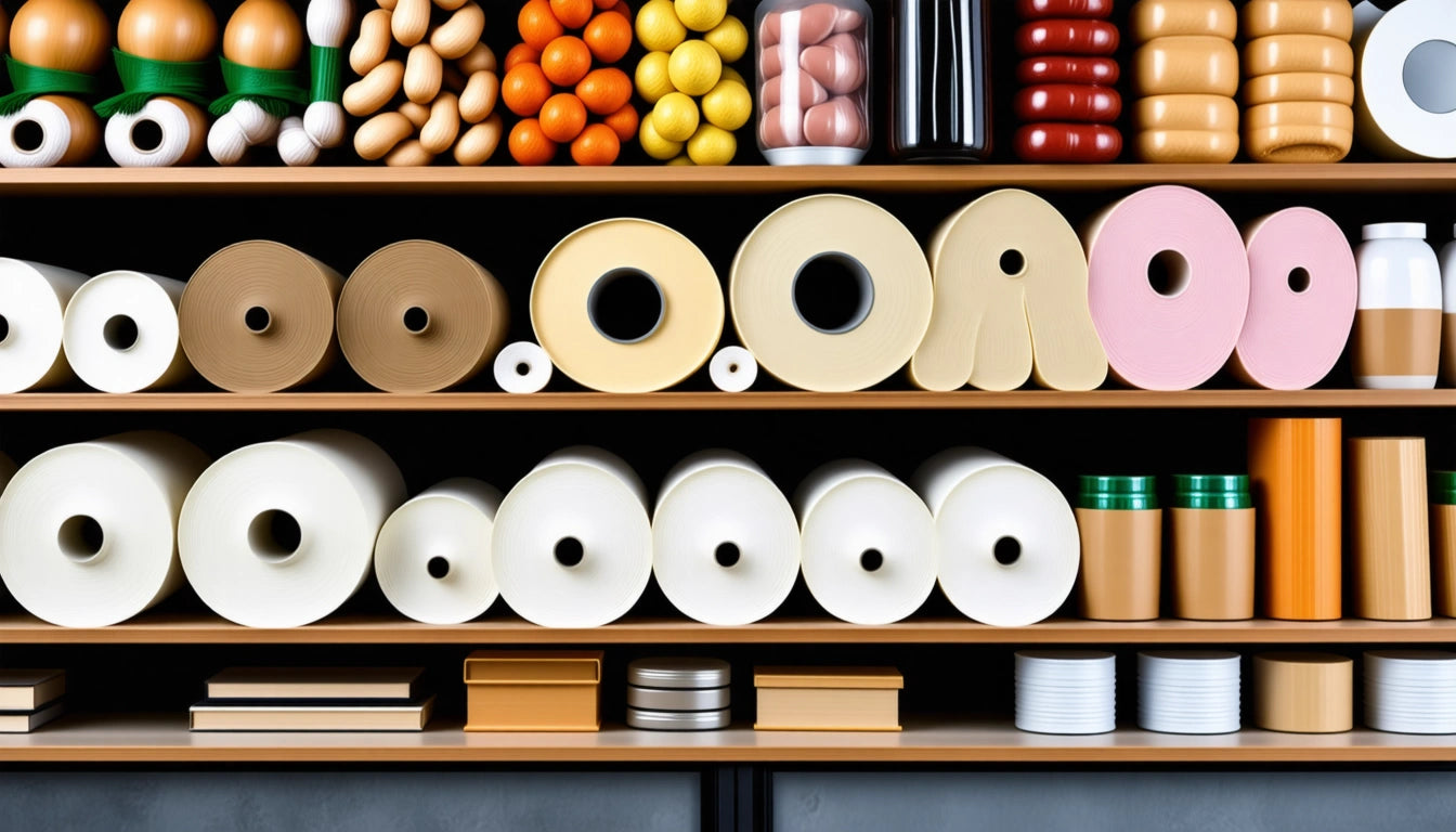 Shelves filled with variously sized and colored rolls of paper, jars, and containers, neatly organized in rows