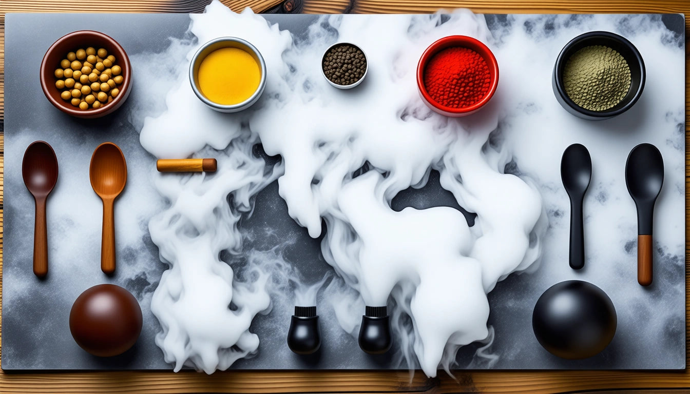 Wooden spoons, bowls with spices, and smoke clouds on a dark surface, arranged symmetrically