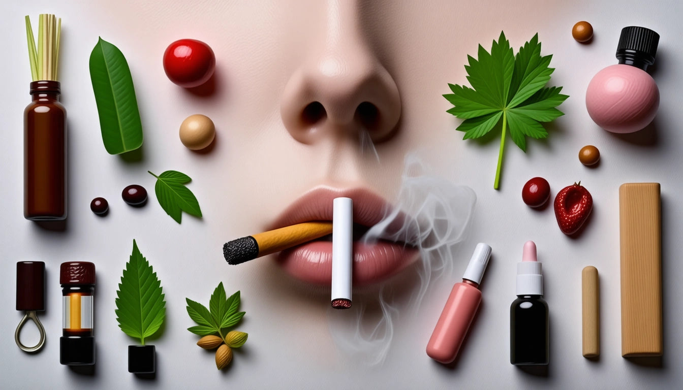 Lips with a lit cigarette, surrounded by leaves, bottles, pills, and fruits on a white background