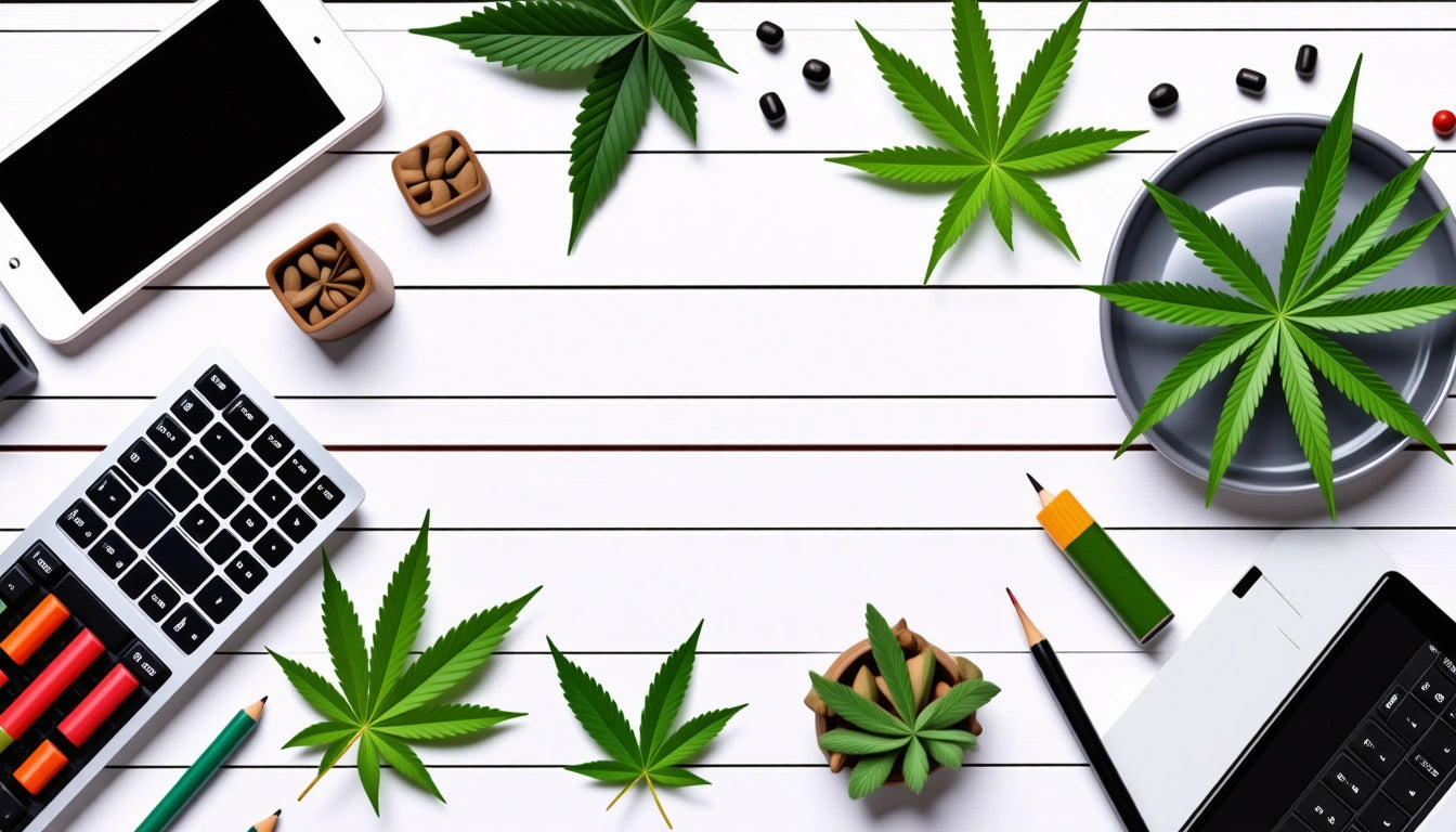 Green leaves, smartphone, calculator, pencils, and small plants on white striped surface