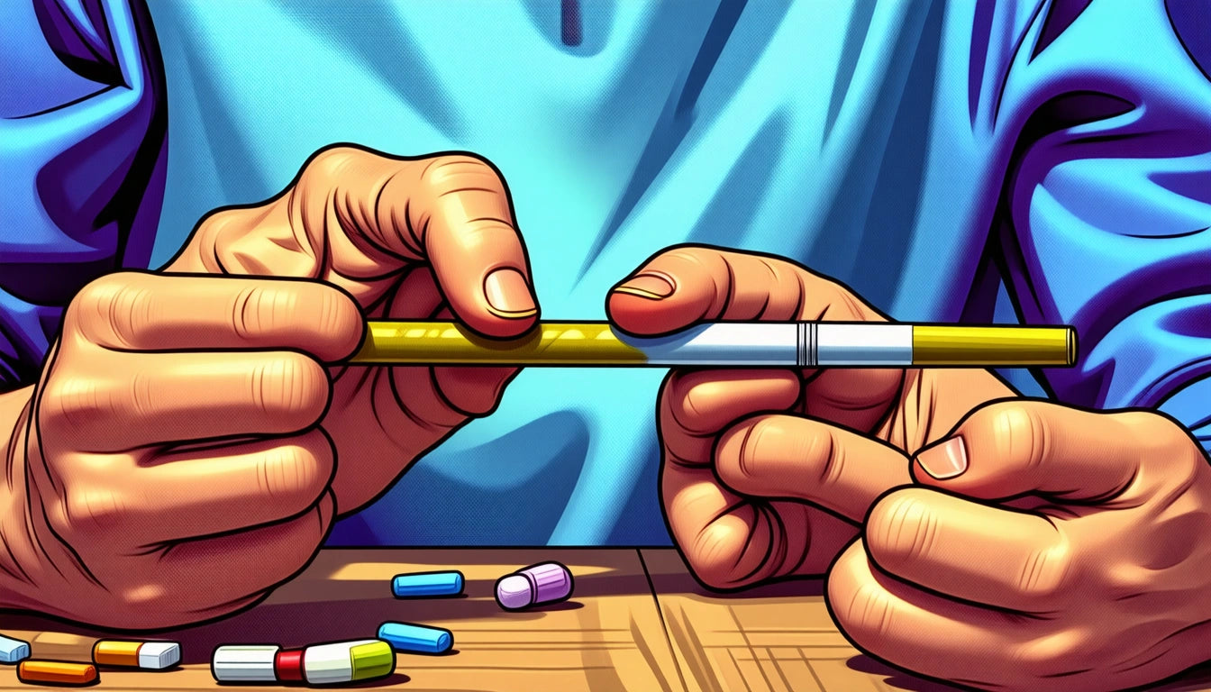 Hands holding a yellow and white pen, scattered colorful capsules on wooden surface, person wearing blue shirt