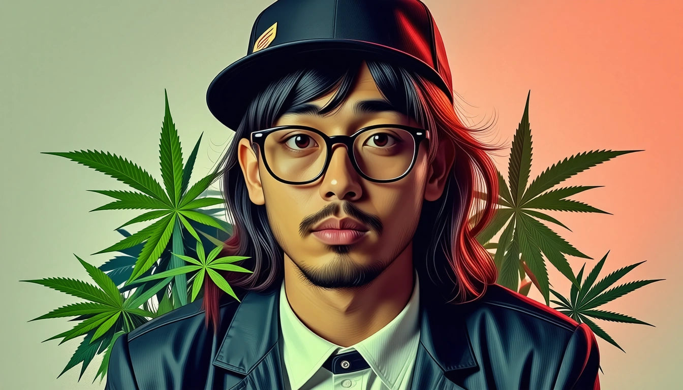 Person with long hair, glasses, and a cap, wearing a leather jacket. Green leaves in the background, red lighting on the side