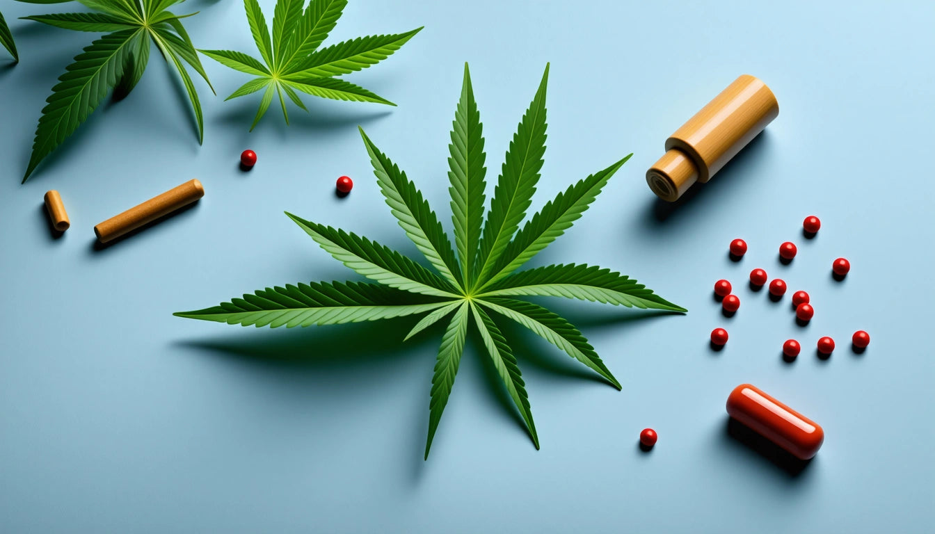Green leaves, red capsules, and a wooden bottle on a light blue surface