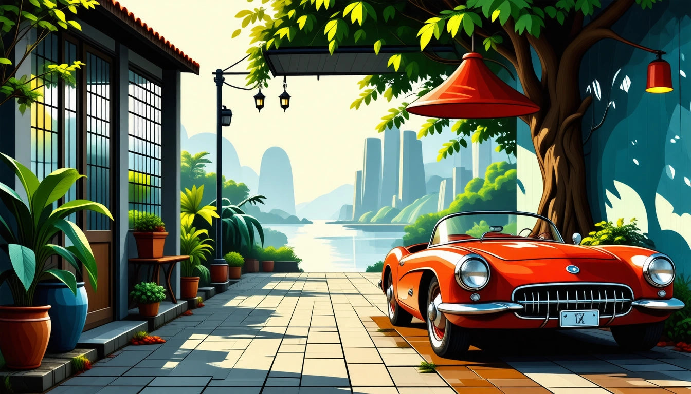Red convertible parked on tiled patio, surrounded by potted plants, under a large tree with city skyline and river in background
