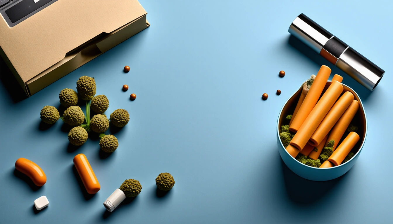 Cardboard box, scattered green textured spheres, orange cylindrical objects, small white and orange items on blue surface