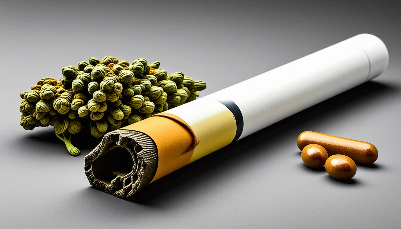 Large white cylinder with textured end, cluster of green buds, and two small orange capsules on gray surface