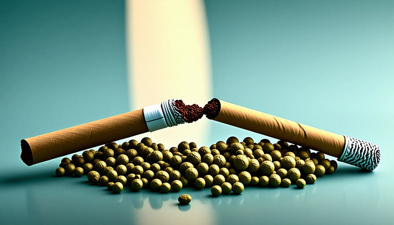 Two broken cigarettes on a teal surface, surrounded by scattered small brown spheres