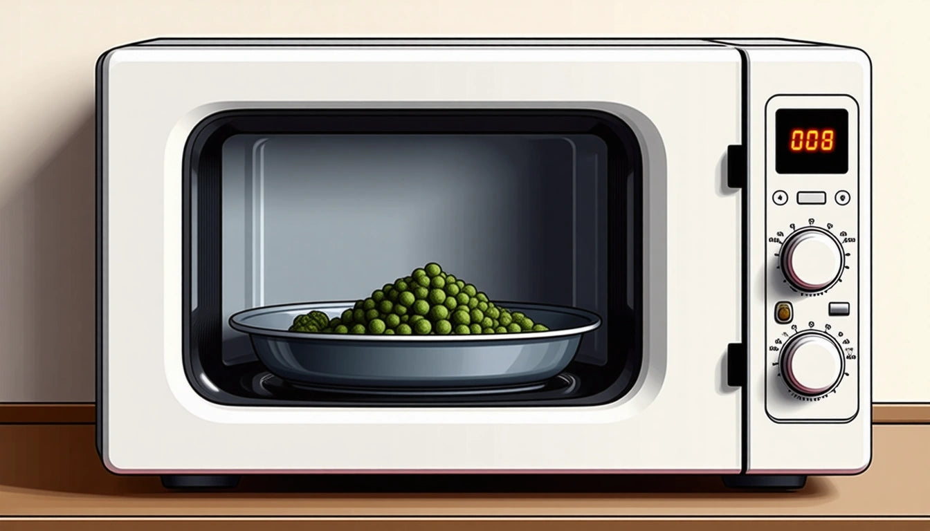 White microwave with open door, showing a plate of green peas inside. Control panel with buttons and dials on the right