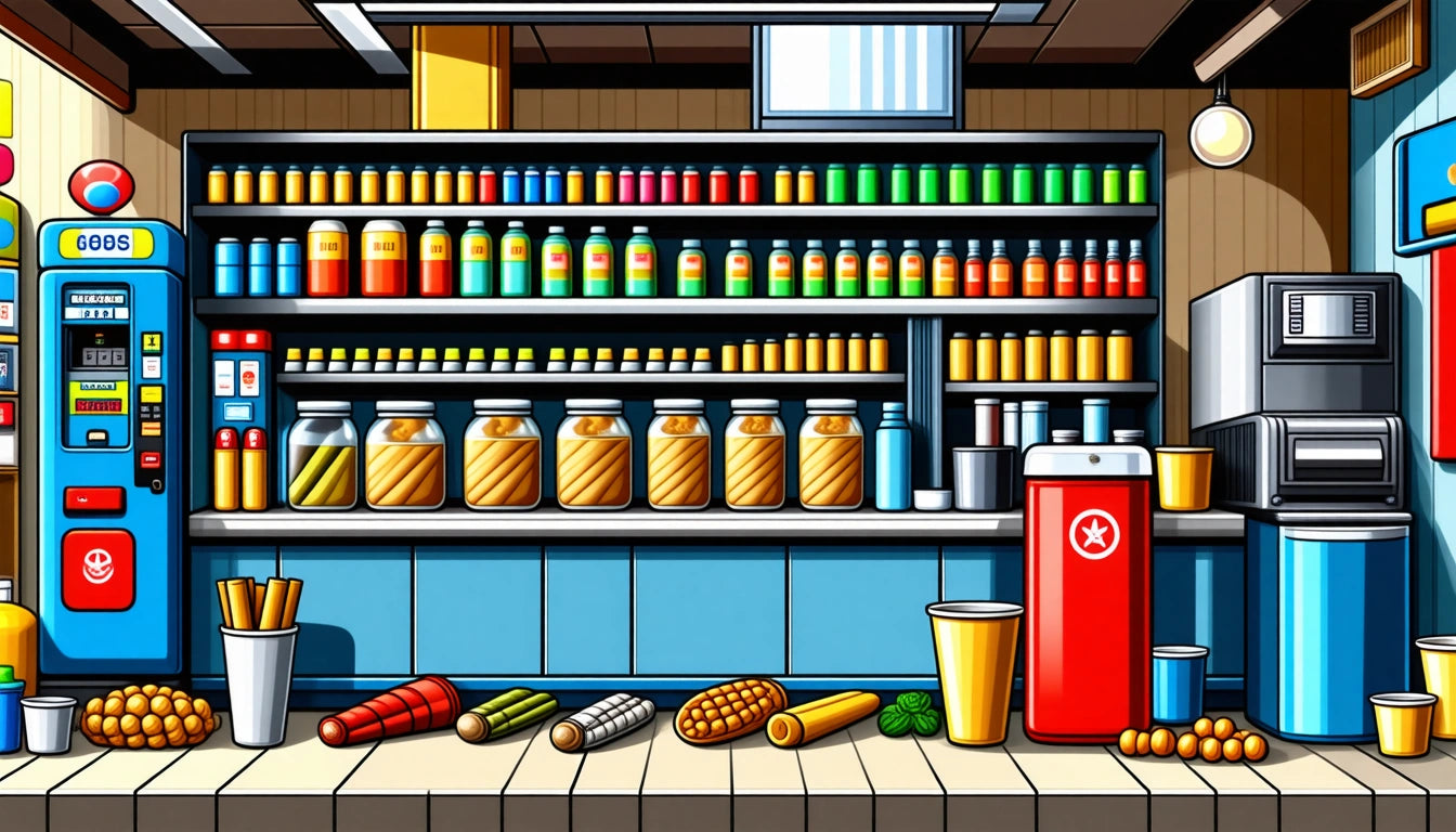 Colorful drink bottles and jars on shelves behind a counter with snacks, a red cooler, and a vending machine