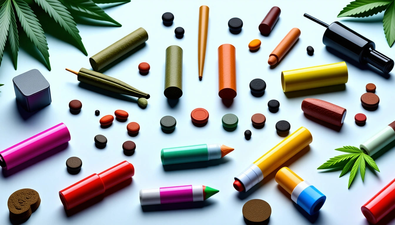 Colorful tubes, pens, and round objects scattered on a white surface with green leaves in the corners