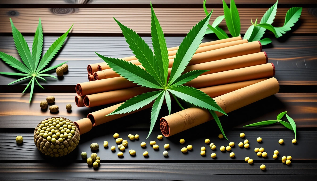 Rolled brown tubes and green leaves on dark wooden surface, scattered yellow and green pellets nearby