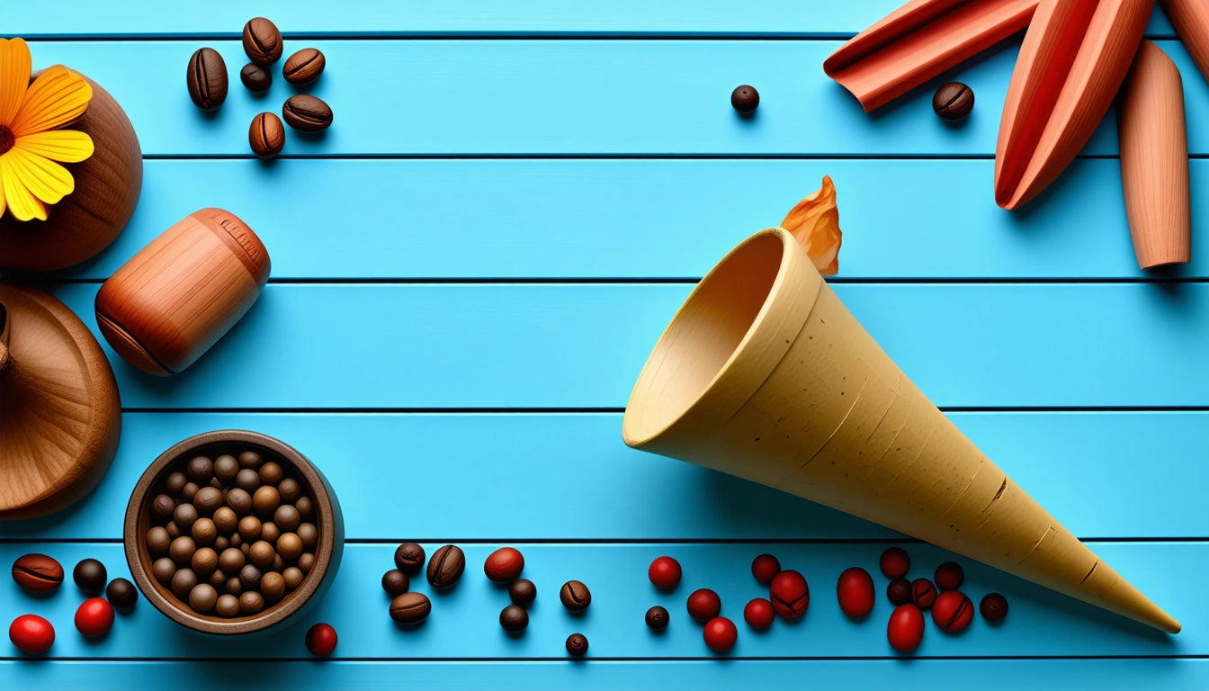 Wooden cone, coffee beans, chocolate balls, and orange flowers on blue wooden surface with scattered red and brown objects