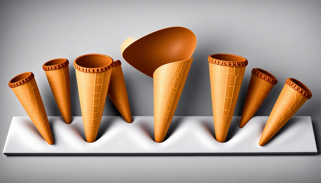 Seven waffle cones on a white textured surface, one cone is tipped over, creating a wave-like pattern