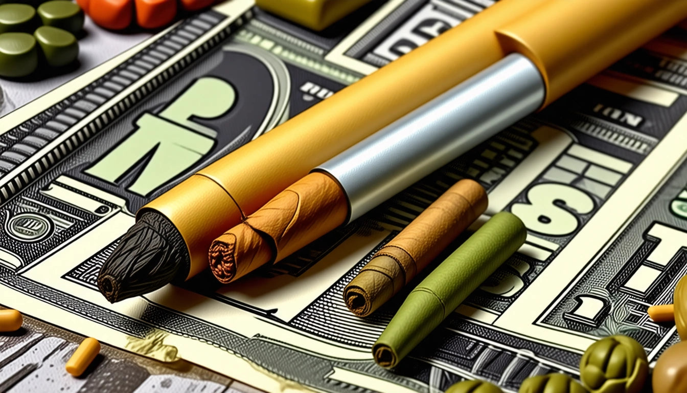 Gold and silver pen with rolled paper on scattered dollar bills and colorful pills