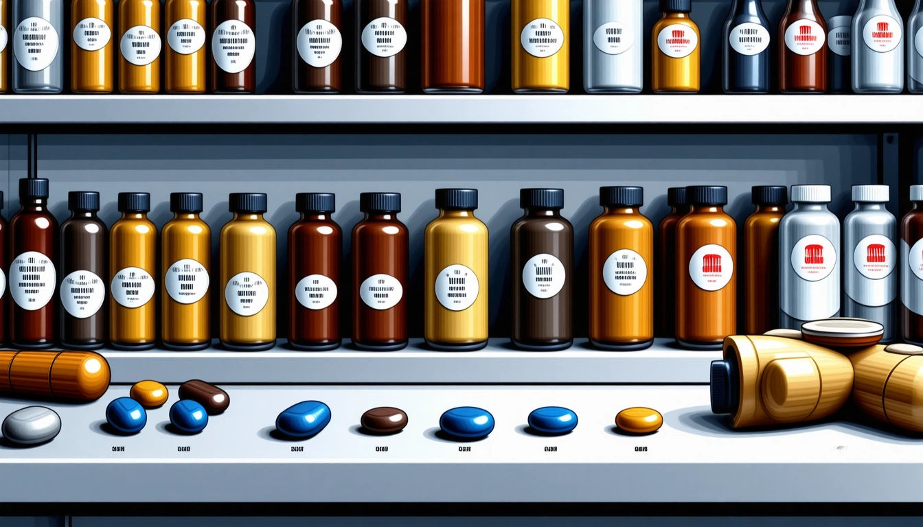 Shelves with various colored bottles and jars, pills in different shapes and colors on a counter below