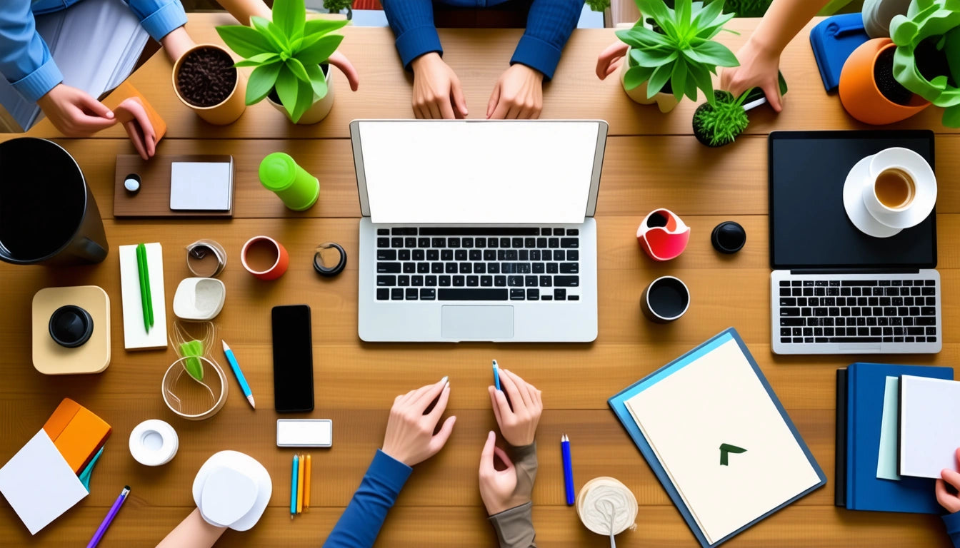 Laptop on wooden table surrounded by hands, plants, notebooks, pens, cups, and a smartphone