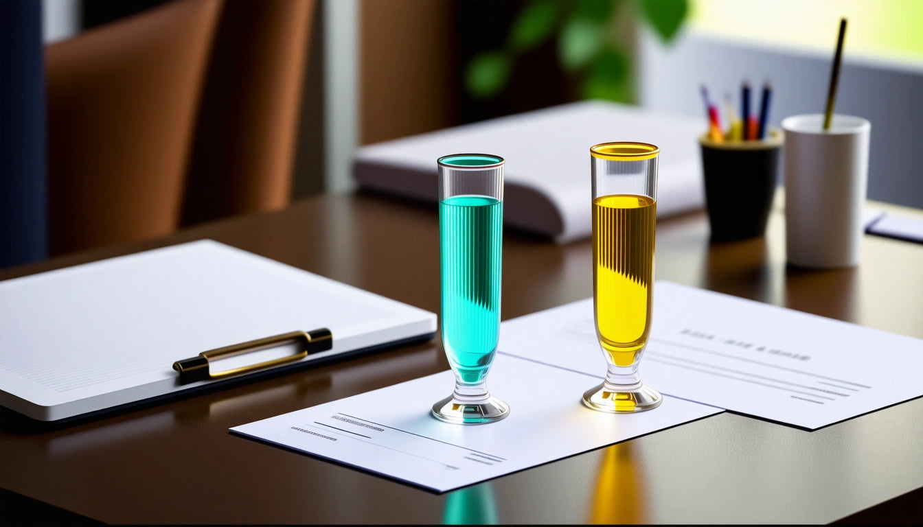 Two glass beakers with blue and yellow liquid on papers, placed on a wooden desk with a pen, notebook, and cup of pencils