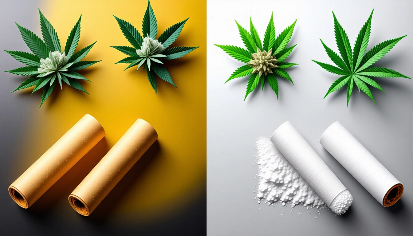 Two sections: Left has two brown rolls and green leaves on yellow-gray background; right has two white rolls, powder, and leaves on white-gray back...