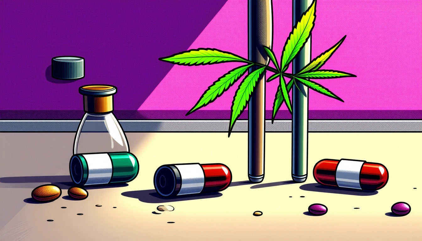 Glass vial, capsules, and pills on a surface; green plant with long leaves against a pink wall in the background