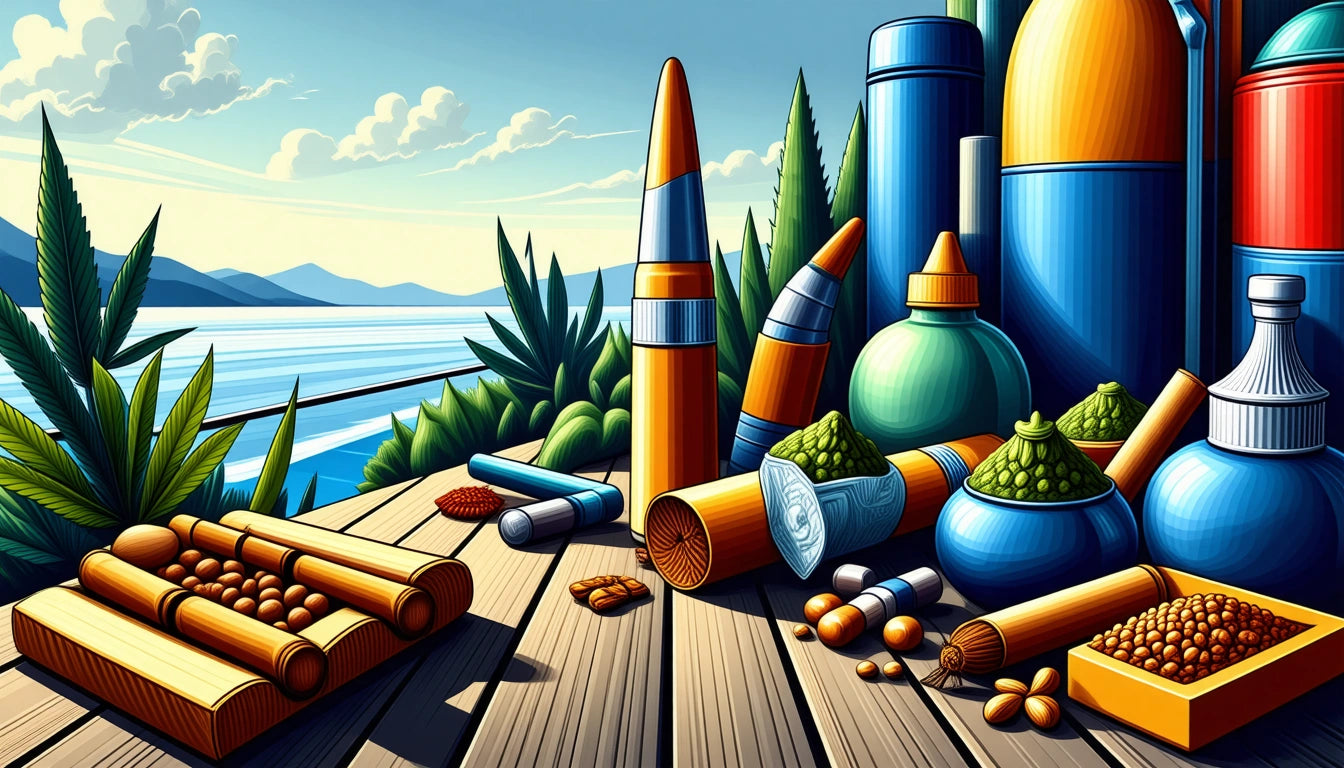 Colorful bottles and containers on a wooden deck by the sea, with mountains and clouds in the background